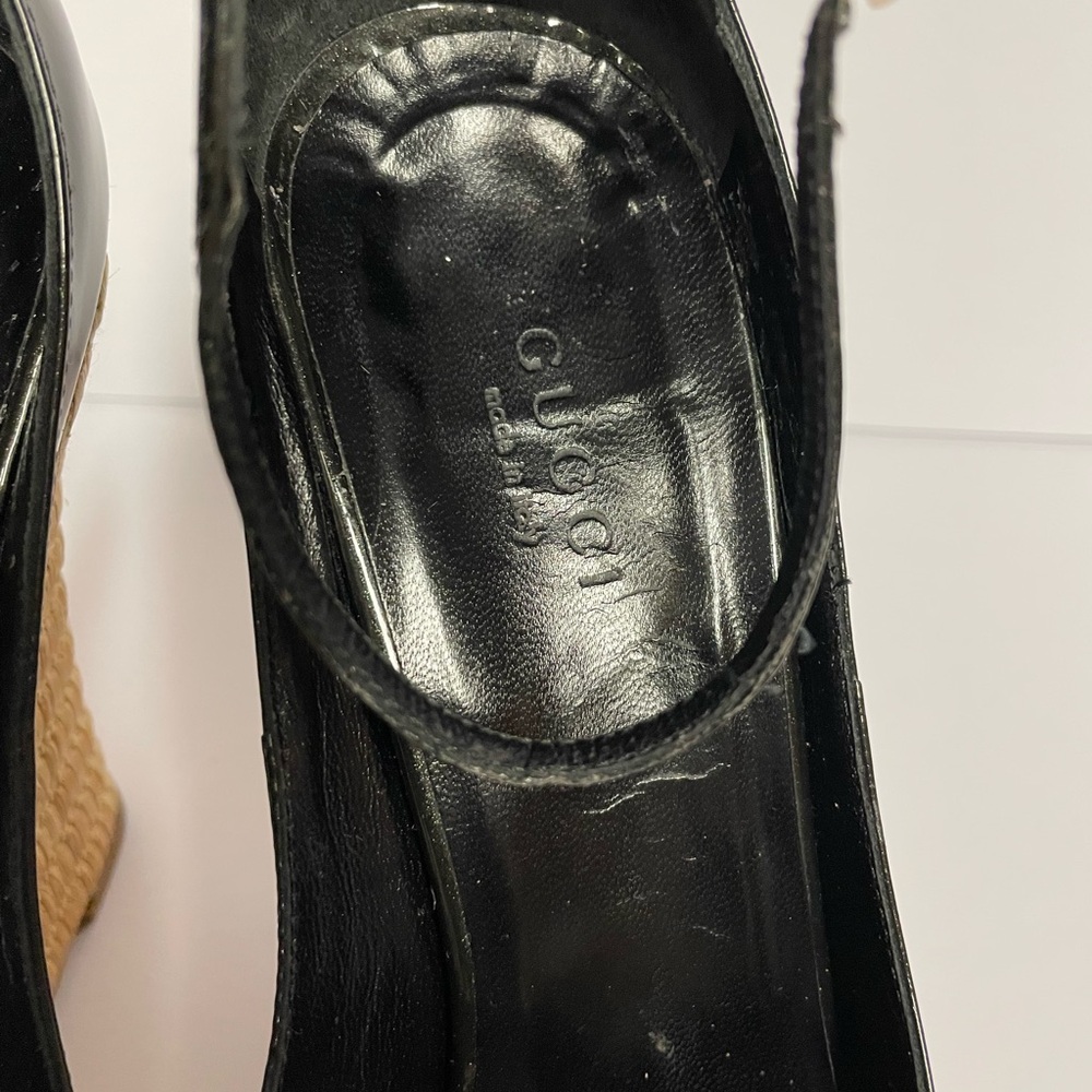 Gucci patent leather ankle strap Black Wedge Sandals pumps heels 6.5 B - Picture 6 of 10